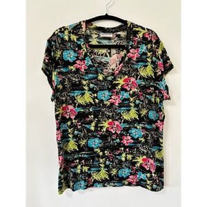 Chicos Travelers Womens Size 3 Tropical Hibiscus V-Neck Short Sleeve Top Black